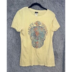 Harley Davidson Sugar Skull Graphic T Shirt Yellow Short Sleeve Women's Size L